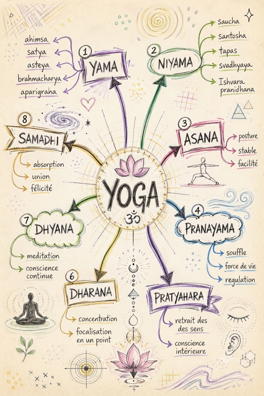 Schéma des huit membres du Yoga (Ashtanga) : Yama, Niyama, Asana, Pranayama, Pratyahara, Dharana, Dhyana, Samadhi